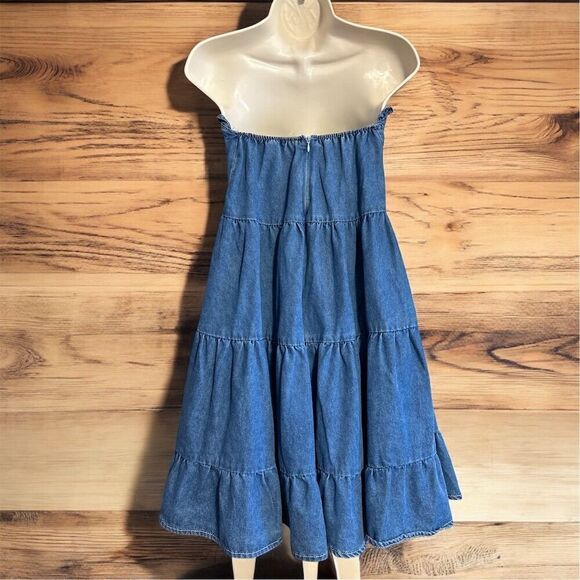 SHEIN Women's Strapless Blue Jean Denim Western Tiered Ruffle Short Dress - Picture 2 of 8